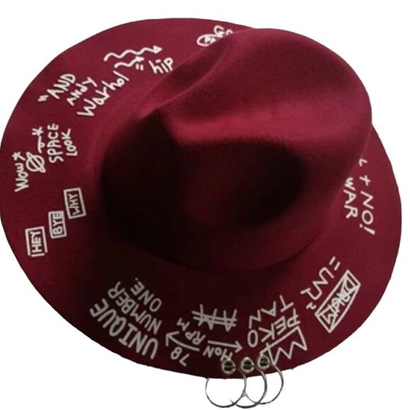 Burgundy Fedora Graffiti Wide Brim Silver O-Rings Fedora Hat NEW main image 4